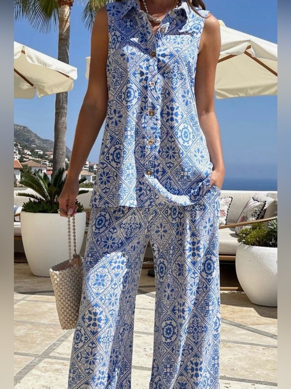 2 piece set Sleeveless Blue Tile-Print Wide-Leg pant & top